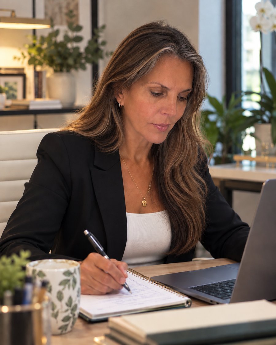 Liliana Sáez, founder of Global Adapt Method, working at her desk