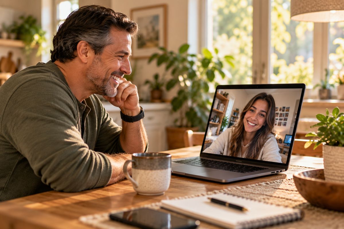 A father smiling on a video call with his daughter studying abroad